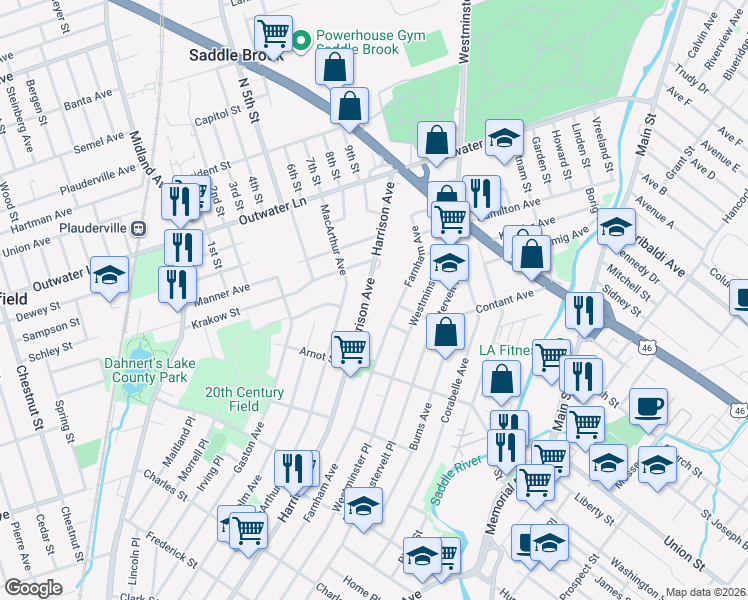 map of restaurants, bars, coffee shops, grocery stores, and more near 492 Harrison Ave in Lodi