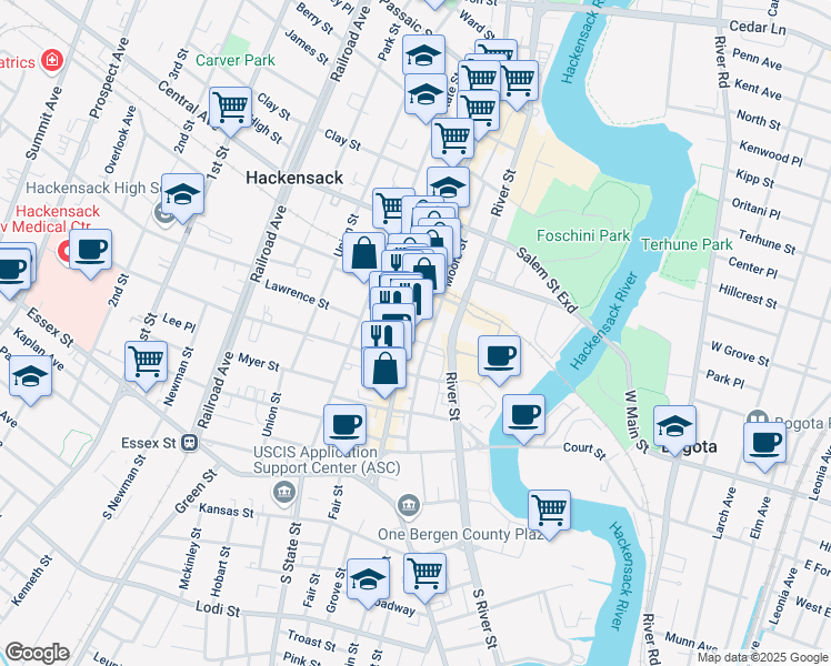 map of restaurants, bars, coffee shops, grocery stores, and more near 140 Main Street in Hackensack