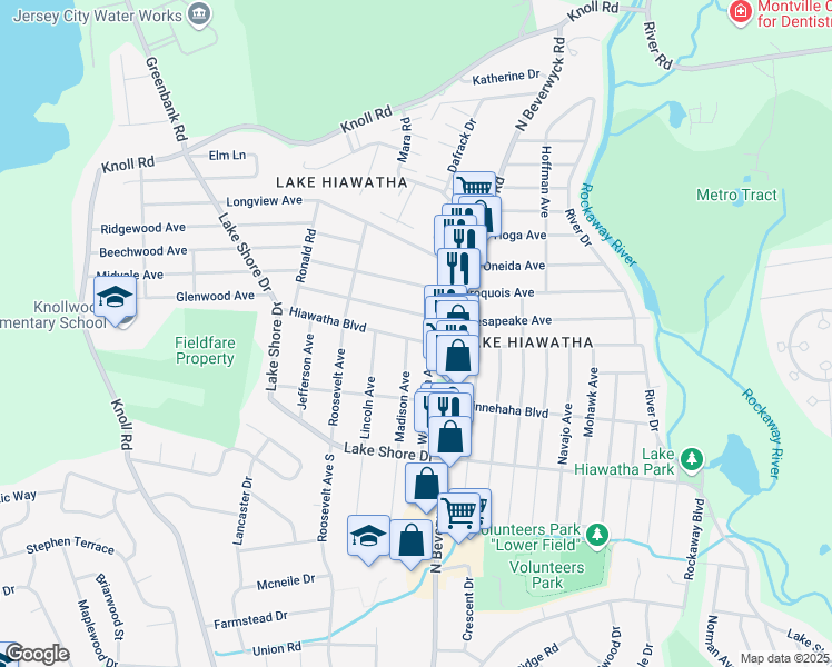 map of restaurants, bars, coffee shops, grocery stores, and more near 186 Hiawatha Boulevard in Parsippany-Troy Hills