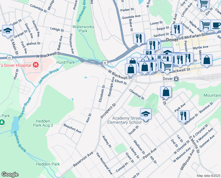 map of restaurants, bars, coffee shops, grocery stores, and more near Spring Street in Dover