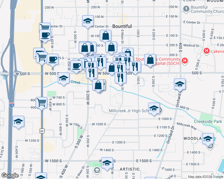map of restaurants, bars, coffee shops, grocery stores, and more near 650 South Main Street in Bountiful