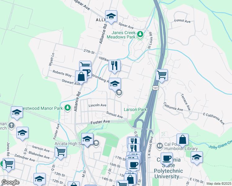 map of restaurants, bars, coffee shops, grocery stores, and more near 2400 Baldwin Street in Arcata