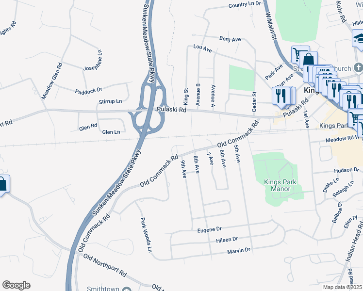 map of restaurants, bars, coffee shops, grocery stores, and more near 8 Jenna Court in Kings Park