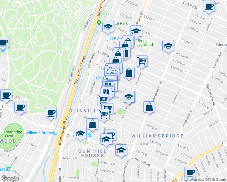 map of restaurants, bars, coffee shops, grocery stores, and more near 3738 White Plains Road in Bronx