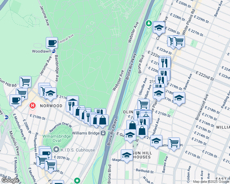 map of restaurants, bars, coffee shops, grocery stores, and more near 3620 Webster Avenue in Bronx