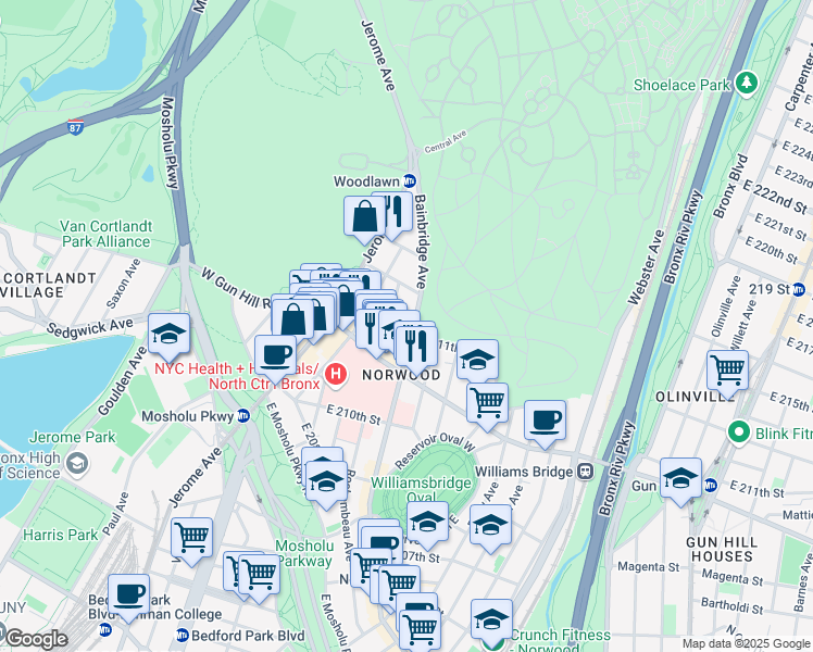 map of restaurants, bars, coffee shops, grocery stores, and more near 3555 Bainbridge Avenue in Bronx