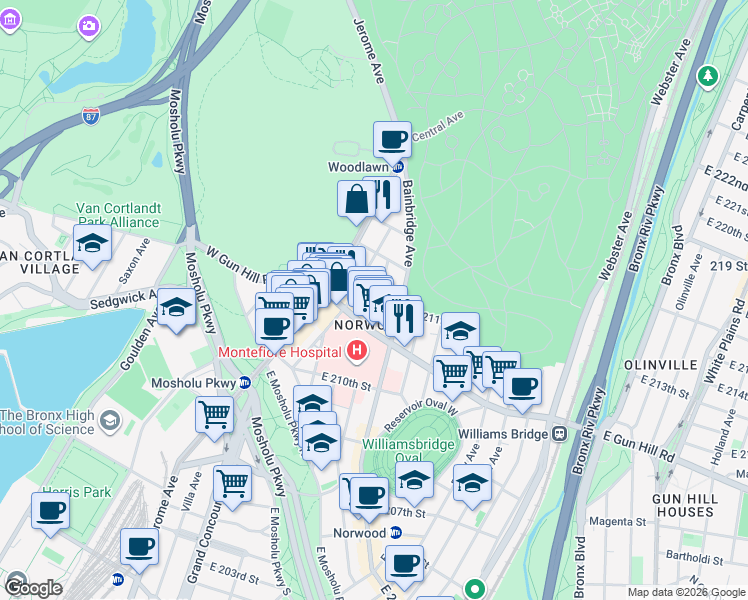 map of restaurants, bars, coffee shops, grocery stores, and more near 3525 Rochambeau Avenue in Bronx