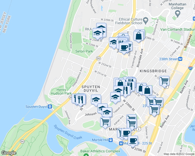map of restaurants, bars, coffee shops, grocery stores, and more near 3050 Fairfield Avenue in Bronx