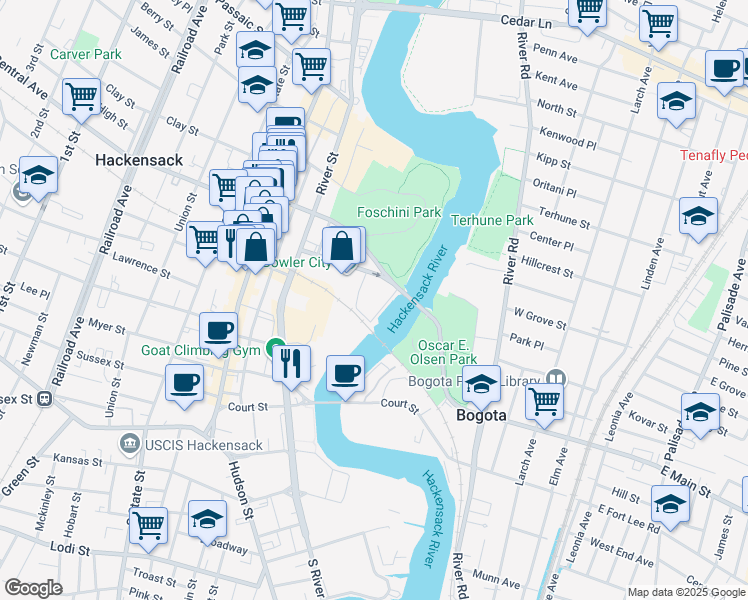 map of restaurants, bars, coffee shops, grocery stores, and more near 111 Midtown Place in Hackensack