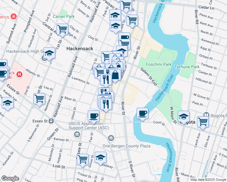 map of restaurants, bars, coffee shops, grocery stores, and more near 140 Main Street in Hackensack
