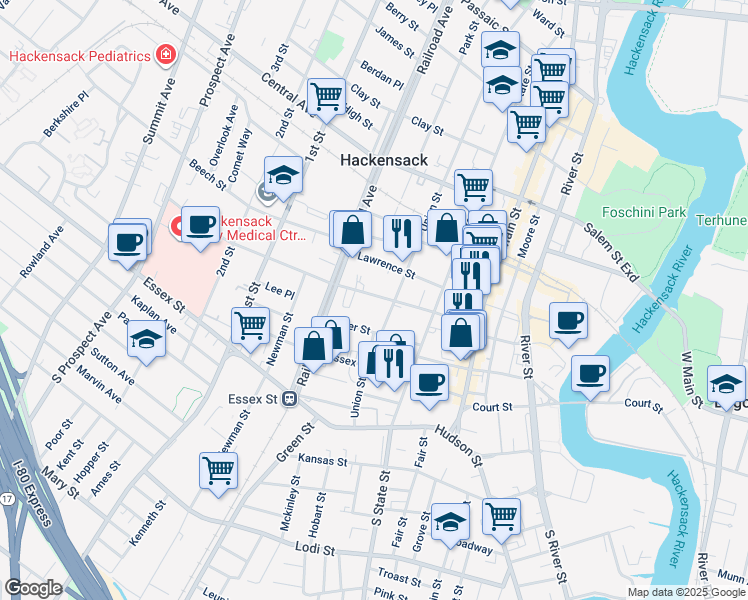 map of restaurants, bars, coffee shops, grocery stores, and more near 129 Union Street in Hackensack