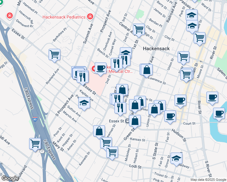map of restaurants, bars, coffee shops, grocery stores, and more near 52 1st Street in Hackensack