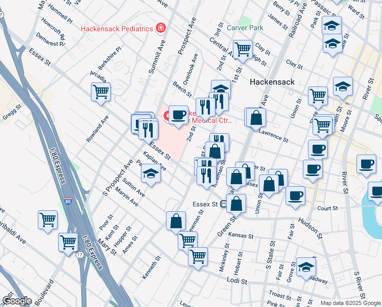map of restaurants, bars, coffee shops, grocery stores, and more near 30 2nd Street in Hackensack