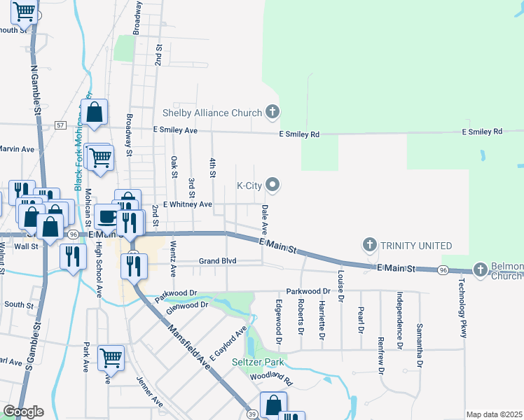 map of restaurants, bars, coffee shops, grocery stores, and more near 92 East Whitney Avenue in Shelby