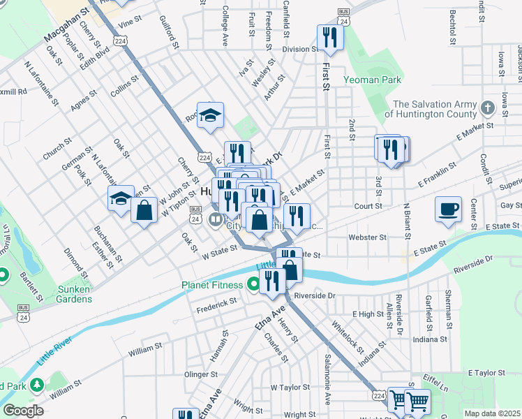 map of restaurants, bars, coffee shops, grocery stores, and more near 50 East Market Street in Huntington