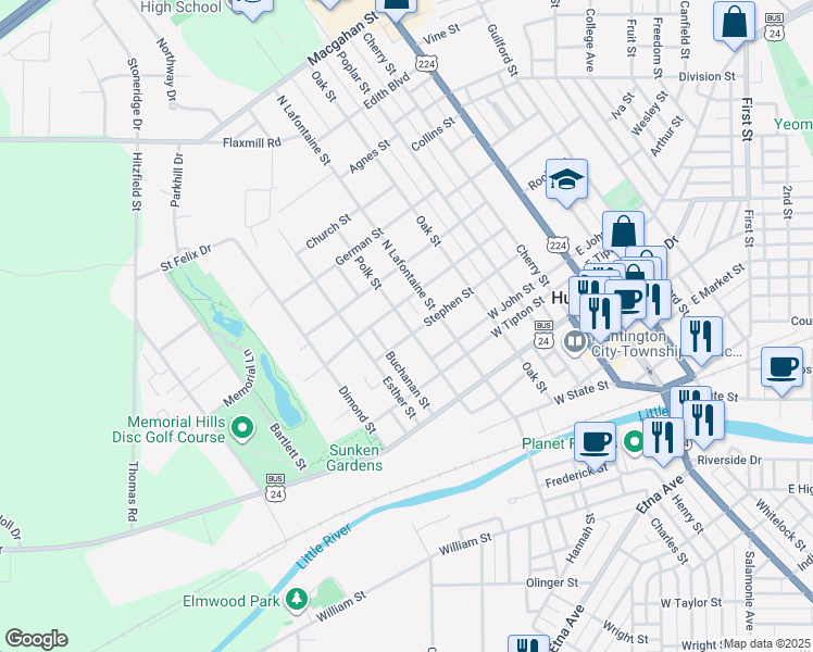 map of restaurants, bars, coffee shops, grocery stores, and more near 744 Polk Street in Huntington