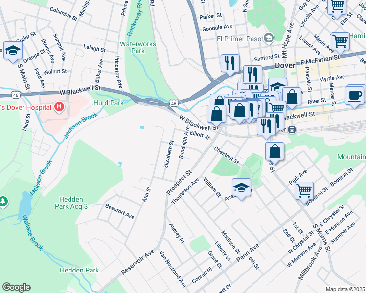 map of restaurants, bars, coffee shops, grocery stores, and more near Spring Street in Dover