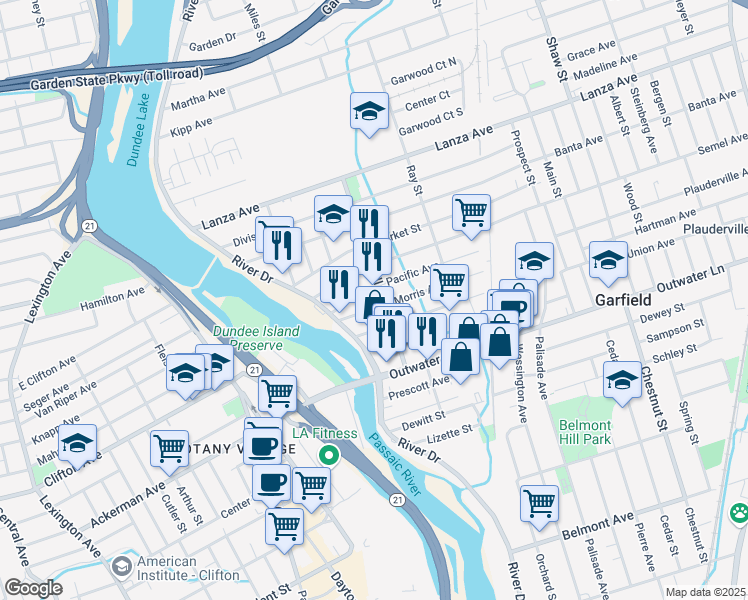 map of restaurants, bars, coffee shops, grocery stores, and more near 65 Jewell Street in Garfield