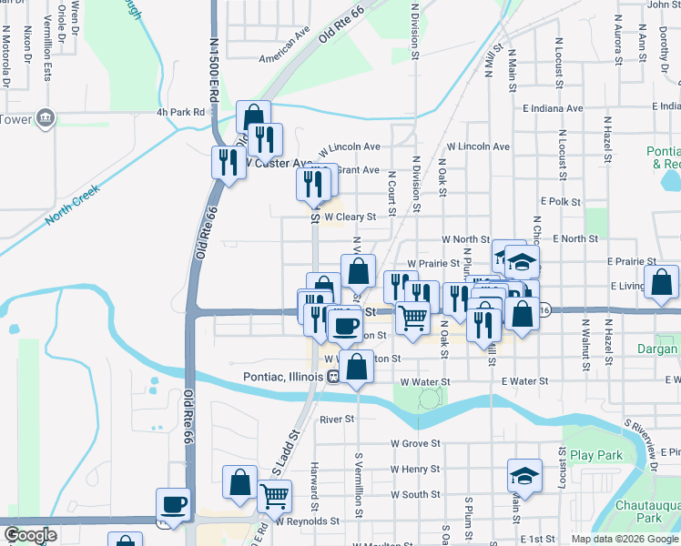 map of restaurants, bars, coffee shops, grocery stores, and more near 708 Prairie Street in Pontiac