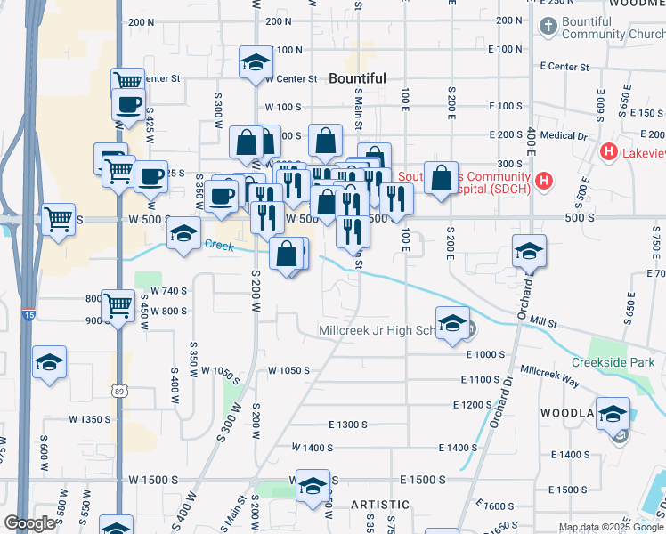 map of restaurants, bars, coffee shops, grocery stores, and more near 650 South Main Street in Bountiful