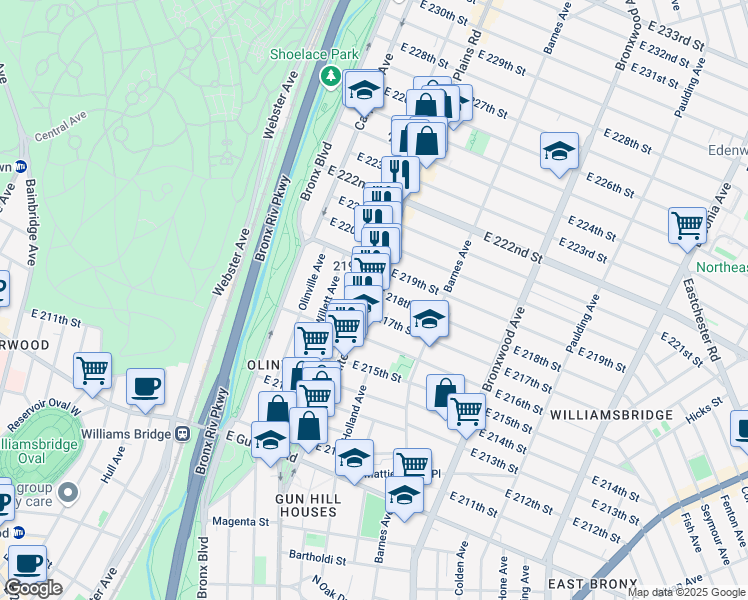map of restaurants, bars, coffee shops, grocery stores, and more near 3738 White Plains Road in Bronx