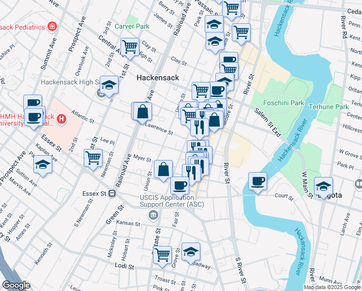 map of restaurants, bars, coffee shops, grocery stores, and more near 125 State Street in Hackensack