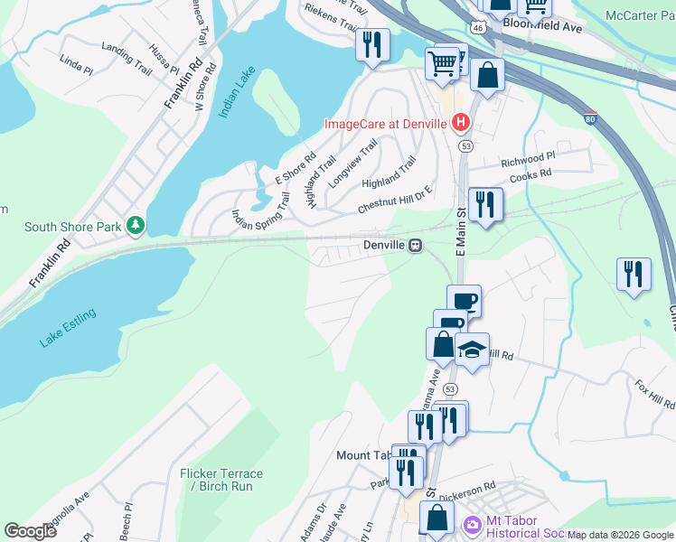 map of restaurants, bars, coffee shops, grocery stores, and more near 41 Estling Lake Road in Denville