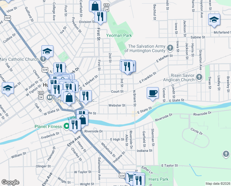 map of restaurants, bars, coffee shops, grocery stores, and more near 627 Court Street in Huntington