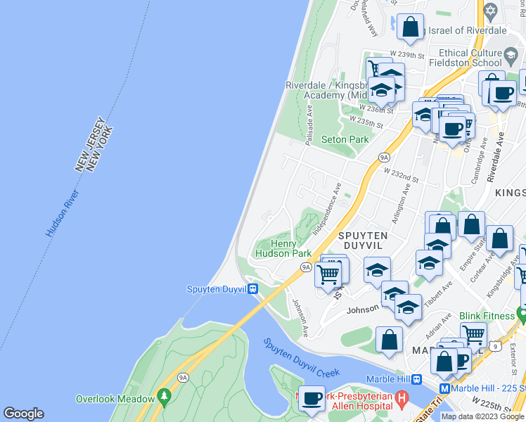 map of restaurants, bars, coffee shops, grocery stores, and more near 2621 Palisade Avenue in Bronx