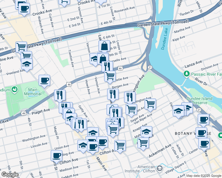 map of restaurants, bars, coffee shops, grocery stores, and more near 217 Lakeview Avenue in Clifton