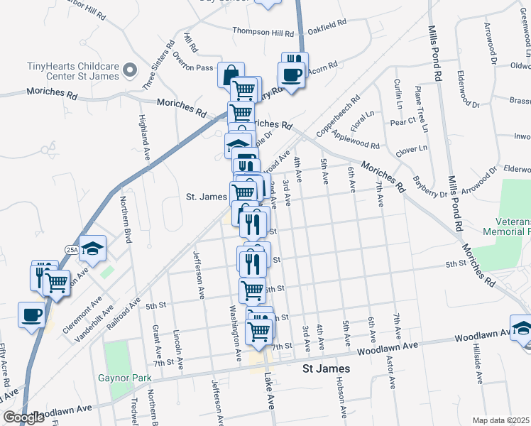 map of restaurants, bars, coffee shops, grocery stores, and more near 317 1st Avenue in Saint James