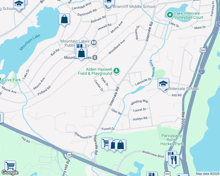 map of restaurants, bars, coffee shops, grocery stores, and more near 17 Vale Drive in Mountain Lakes