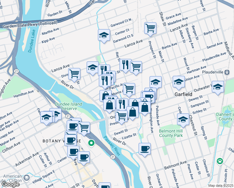 map of restaurants, bars, coffee shops, grocery stores, and more near 66 Morris Avenue in Garfield