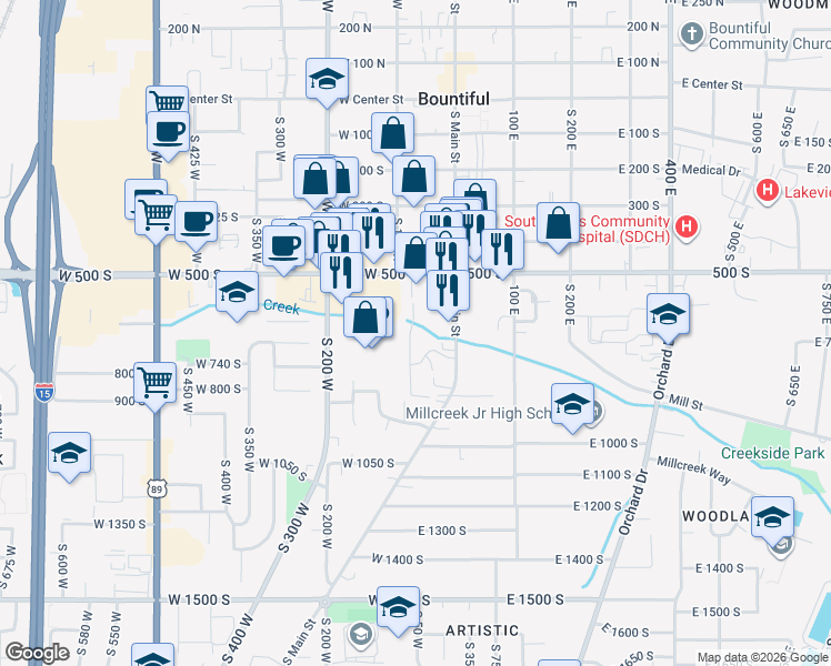 map of restaurants, bars, coffee shops, grocery stores, and more near 650 South Main Street in Bountiful