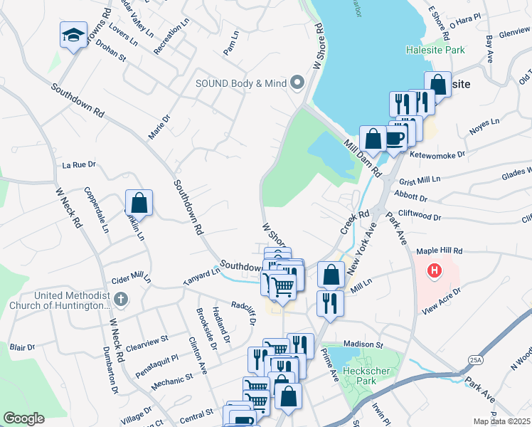 map of restaurants, bars, coffee shops, grocery stores, and more near 44 West Shore Road in Halesite