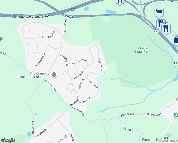 map of restaurants, bars, coffee shops, grocery stores, and more near 45 Lazarus Drive in Roxbury Township