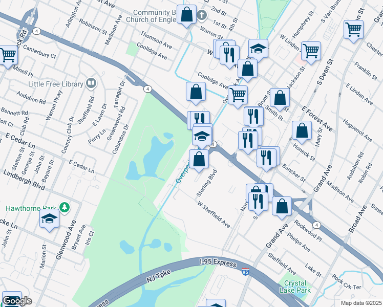 map of restaurants, bars, coffee shops, grocery stores, and more near 1409 Windsor Park Court in Englewood