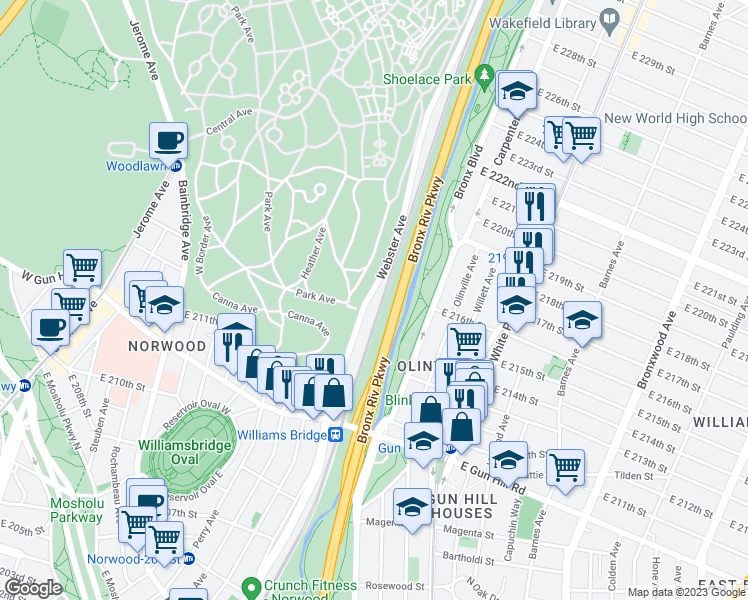 map of restaurants, bars, coffee shops, grocery stores, and more near 3620 Webster Avenue in Bronx