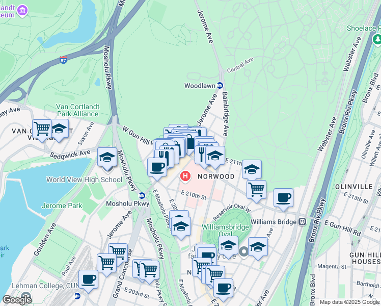 map of restaurants, bars, coffee shops, grocery stores, and more near 19 East Gun Hill Road in The Bronx