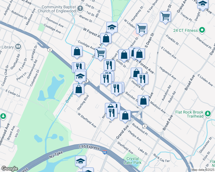 map of restaurants, bars, coffee shops, grocery stores, and more near 78 Brownstone Way in Englewood