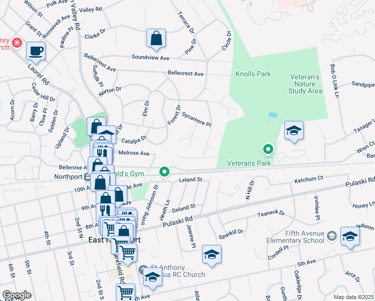 map of restaurants, bars, coffee shops, grocery stores, and more near 26 Jameson Court in East Northport