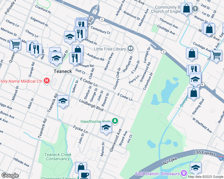 map of restaurants, bars, coffee shops, grocery stores, and more near 179 East Cedar Lane in Teaneck