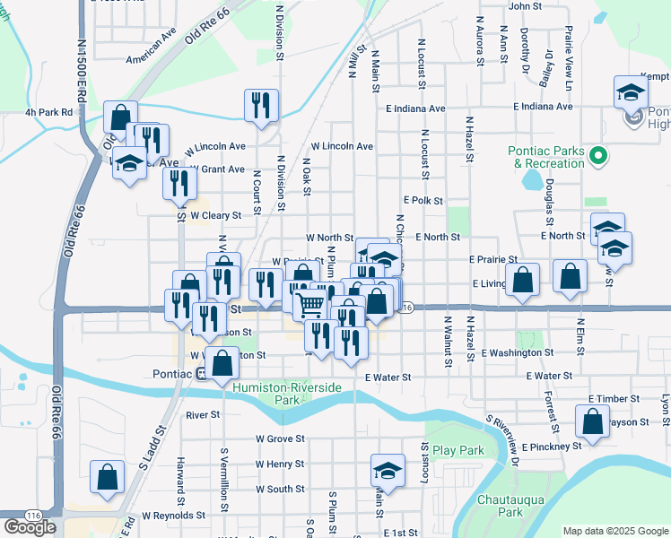 map of restaurants, bars, coffee shops, grocery stores, and more near 220 West Prairie Street in Pontiac