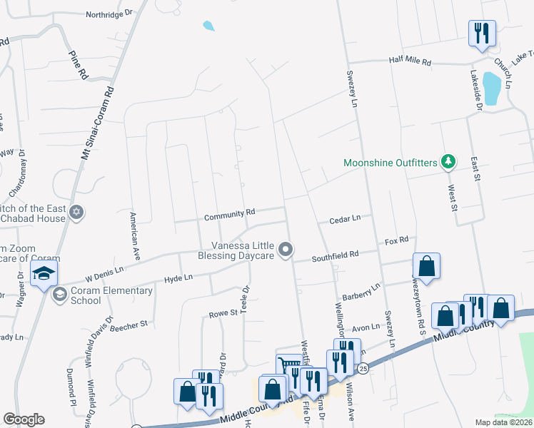 map of restaurants, bars, coffee shops, grocery stores, and more near 6 Community Road in Coram