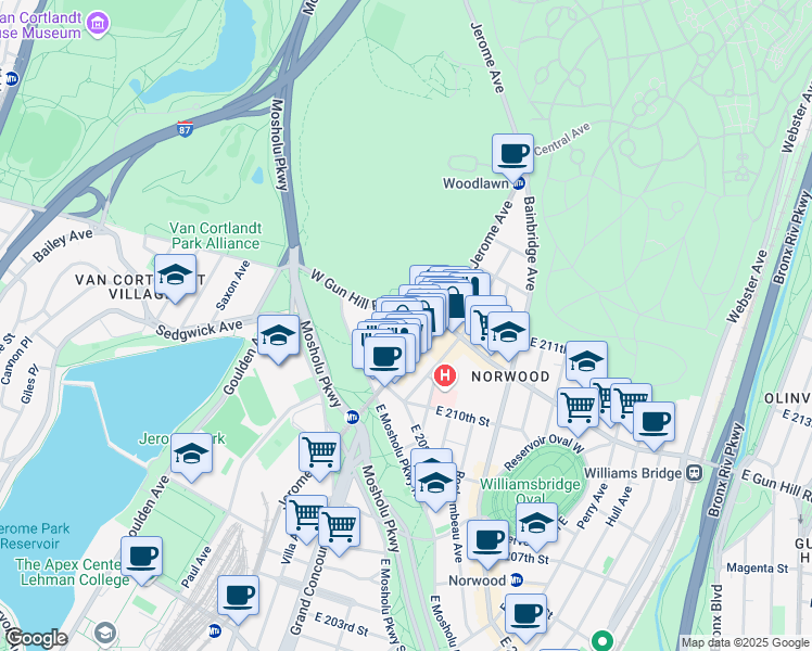 map of restaurants, bars, coffee shops, grocery stores, and more near in The Bronx