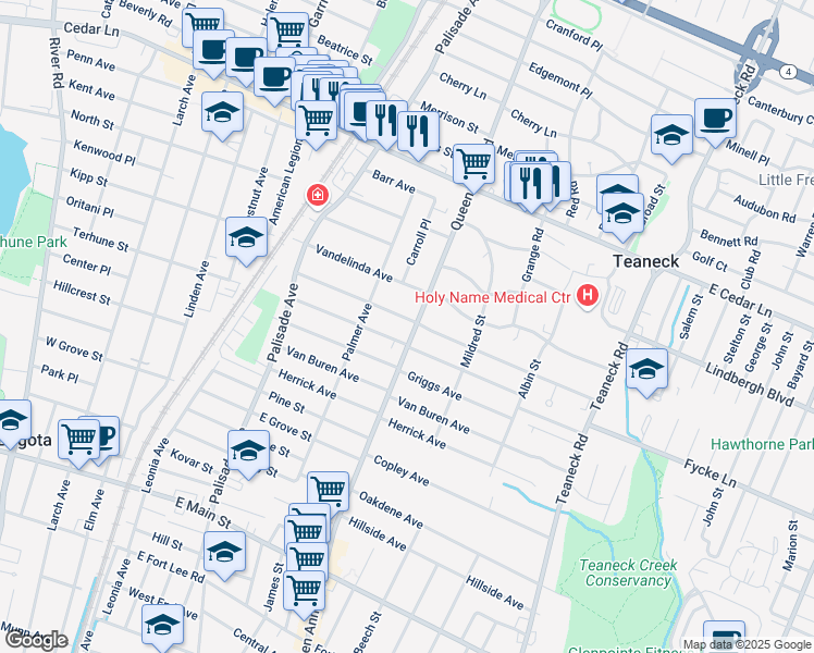 map of restaurants, bars, coffee shops, grocery stores, and more near 630 Queen Anne Road in Teaneck