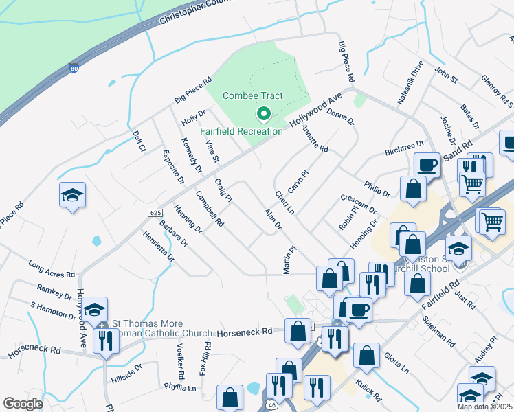 map of restaurants, bars, coffee shops, grocery stores, and more near 18 Alan Drive in Fairfield
