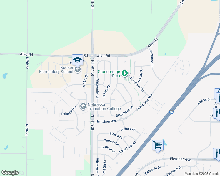 map of restaurants, bars, coffee shops, grocery stores, and more near 7200 North 15th Street in Lincoln