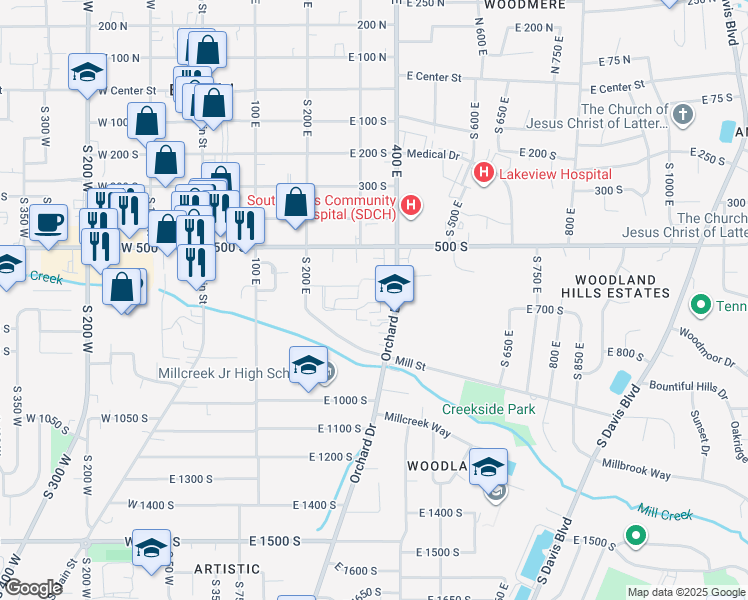 map of restaurants, bars, coffee shops, grocery stores, and more near 323 Peach Lane in Bountiful