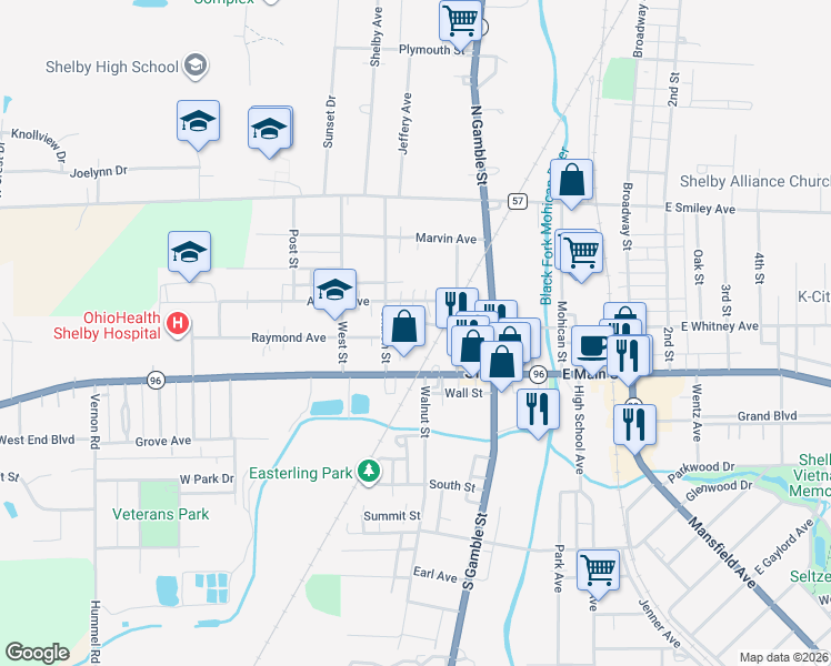 map of restaurants, bars, coffee shops, grocery stores, and more near 13 Raymond Avenue in Shelby